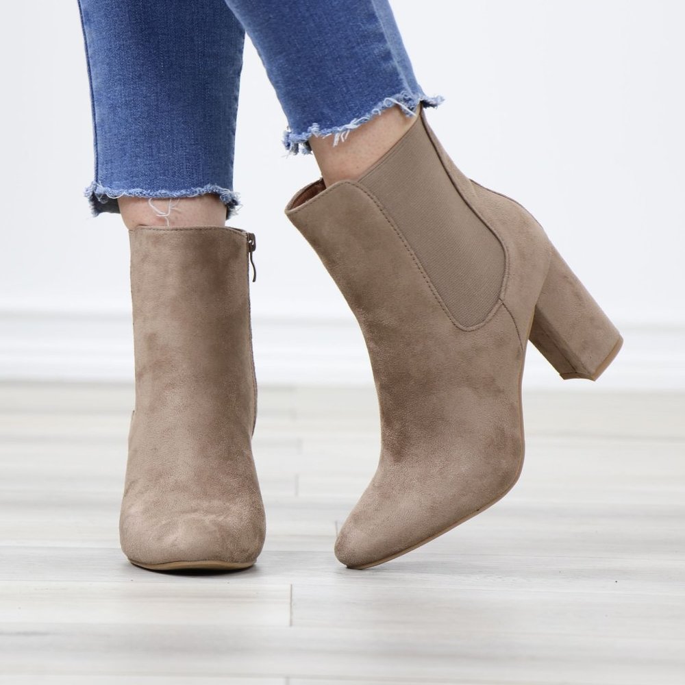 Taupe Suede Chelsea Round Toe Block High Heel Above Ankle Boots - Picture 10 of 12